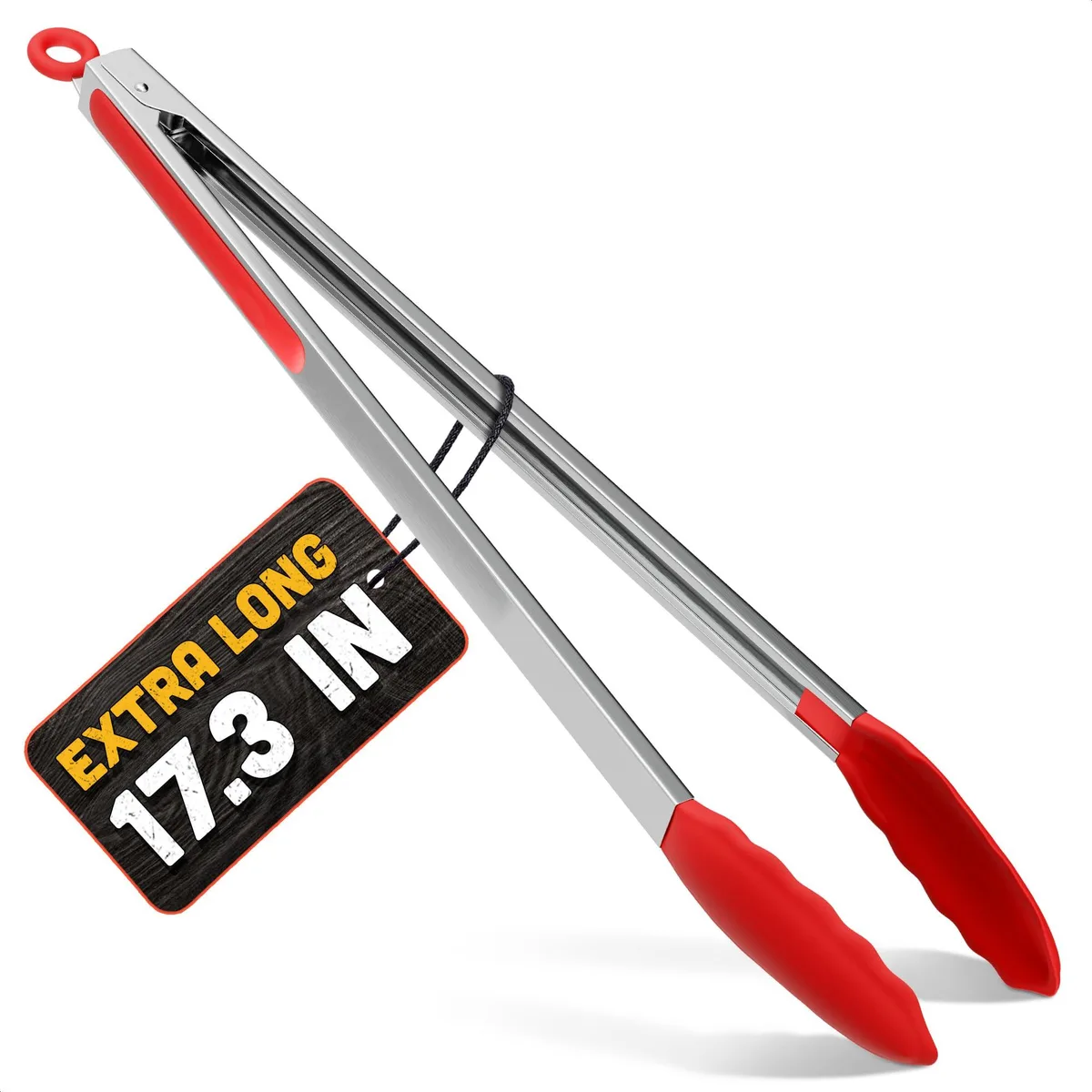 Red silicone-tipped stainless steel tongs, 17.3 inches long with locking ring