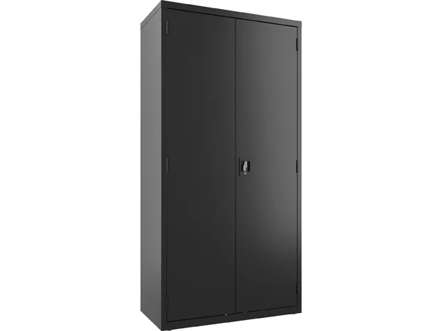Tall black steel wardrobe with two locking doors, 36 by 18 by 72 inches