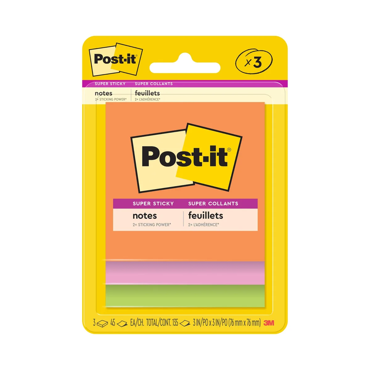 Three square neon sticky-note pads in pink, yellow and blue