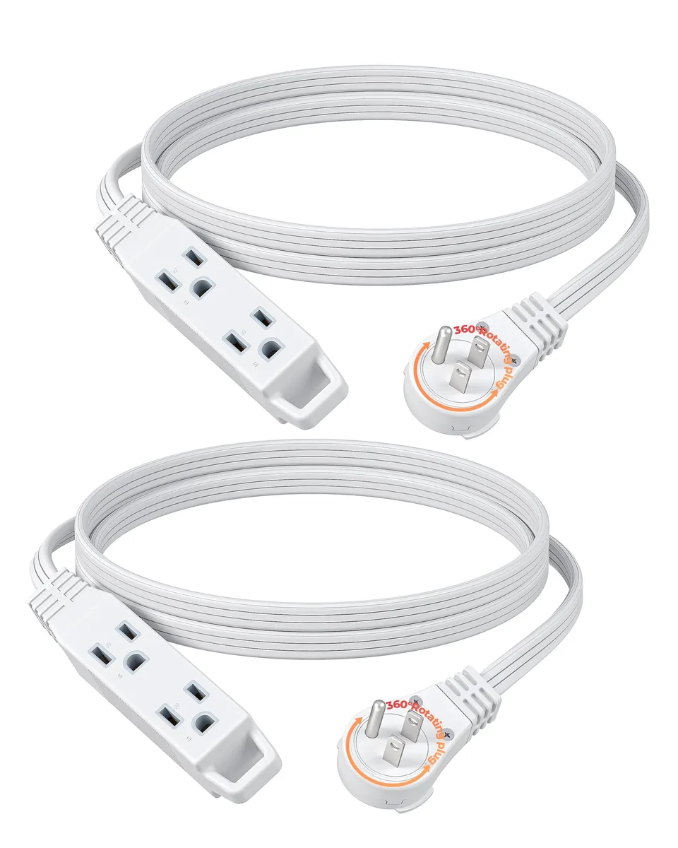  DEWENWILS LA004N 6ft 360° Rotating Flat Plug Power Extension Cord 16AWG 3 Outlet 2 Pack White — product photo
