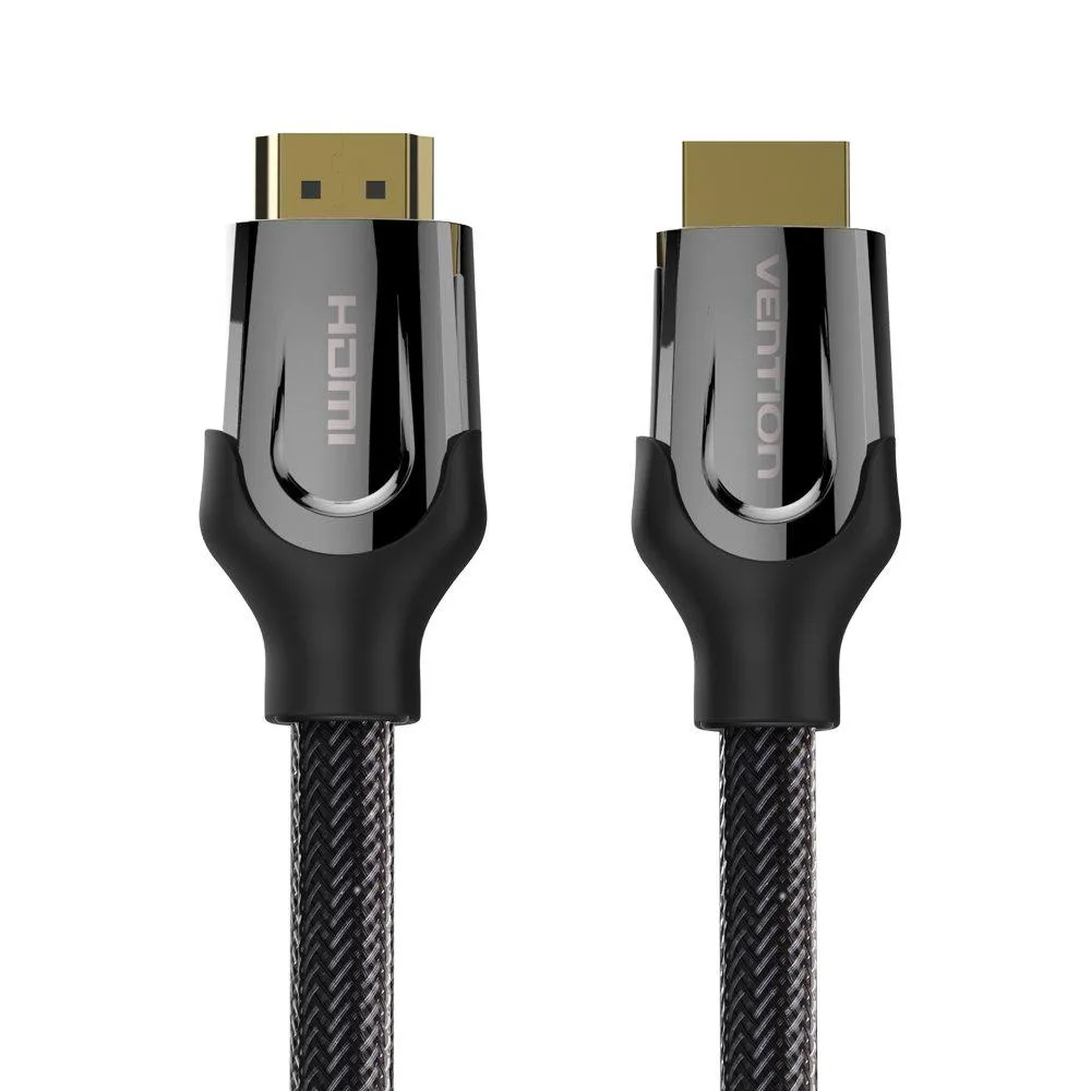 Black HDMI cable with silver-plated connectors and braided nylon sleeve, two metres long