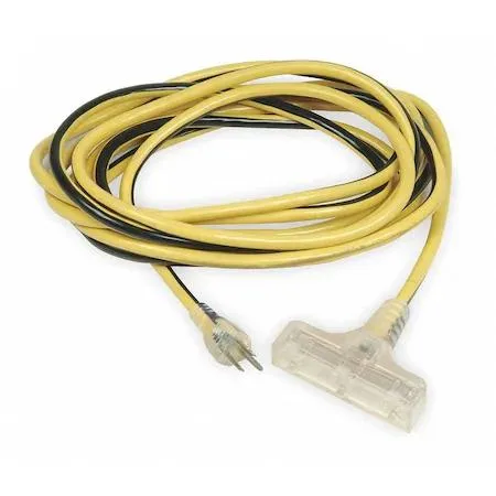 Yellow PVC extension cord with three grounded outlets and lighted end