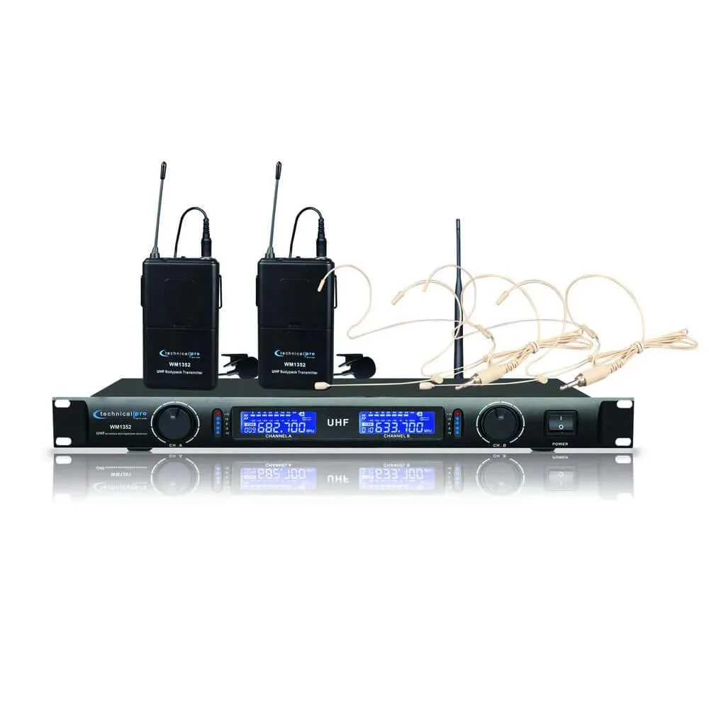 Rack-mount base with two lapel mics and headsets