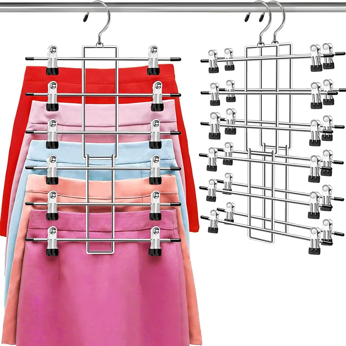 Two metal 6-tier pant hangers with 12 clips each and 360° swivel hooks