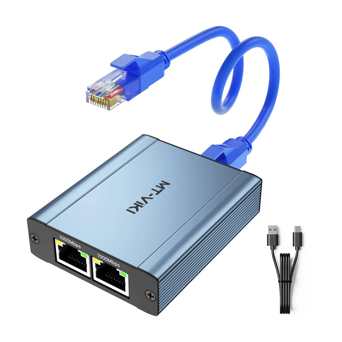 Small rectangular network adapter with three RJ45 ports and a USB-C power socket, matte black finish