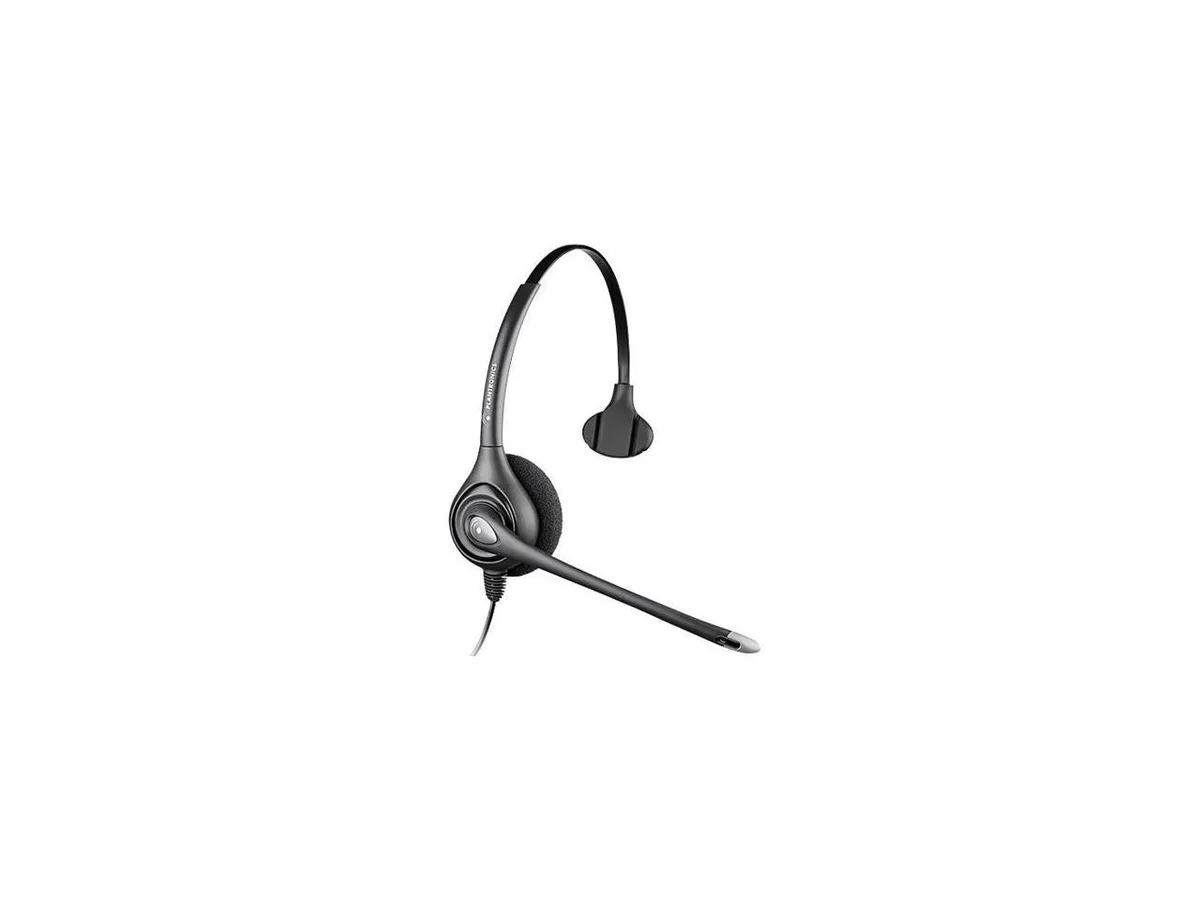 Black and grey monaural headset with over-the-head band and noise-cancelling boom microphone