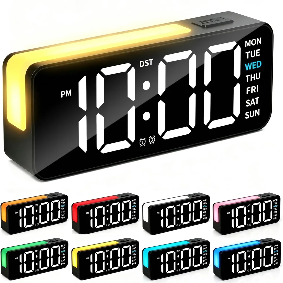 Black rectangular digital clock with L-shaped light bar at base, large white digits显示 time and weekday