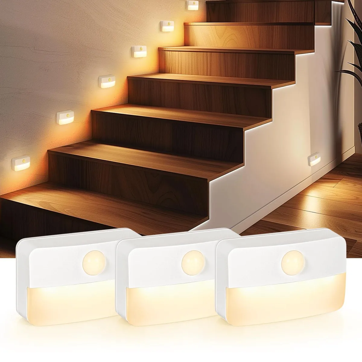 Three white rectangular plastic LED lights with frosted lenses and adhesive backing