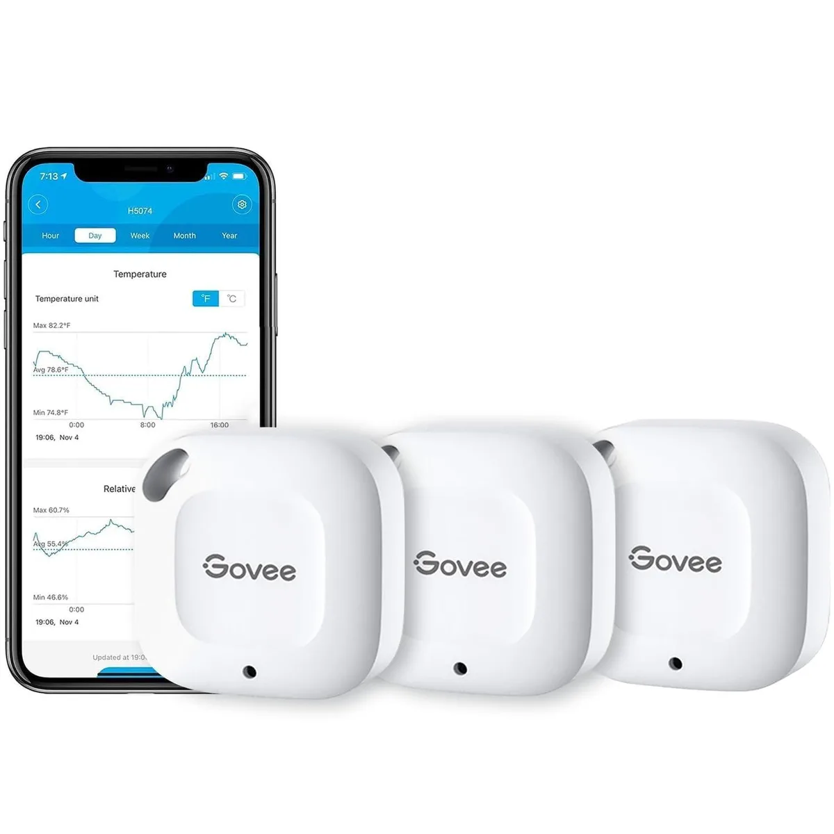 Three small white rectangular sensors with hanging loops side by side