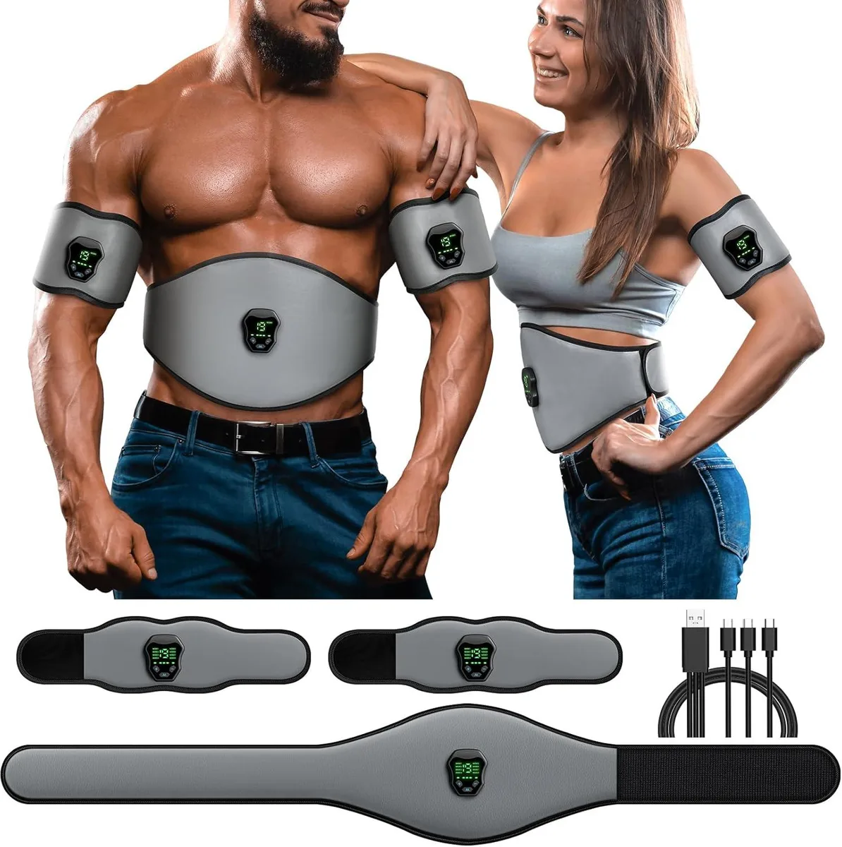 Grey fitness belt with stainless steel pads ultra-slim design