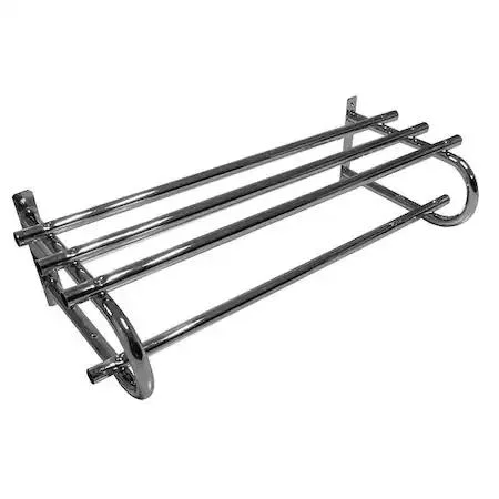 Chrome wall-mount garment rod 36 inches wide with shelf above hanging rail
