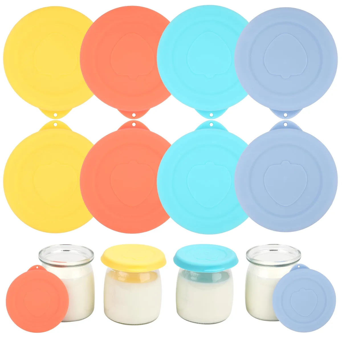 Eight round translucent silicone lids with smooth flat tops and flexible rims