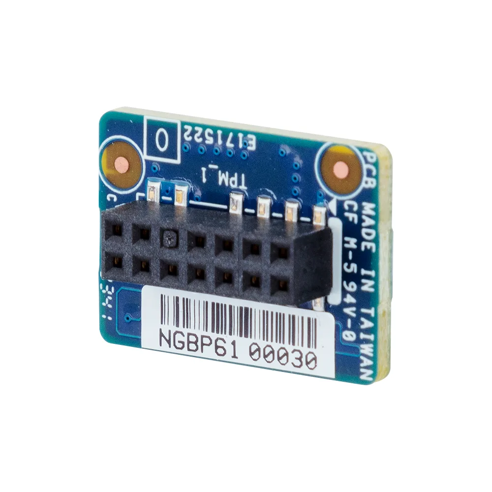 Small green circuit board with a 2x7 pin header and black chip, 20.32 by 14.73 mm