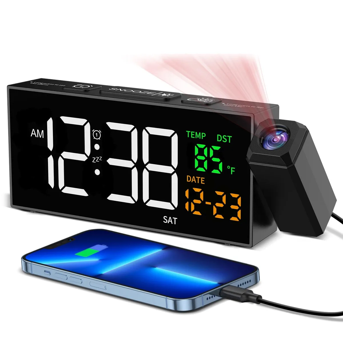 Black rectangular digital projection clock with rotating arm, 20.5 inches wide