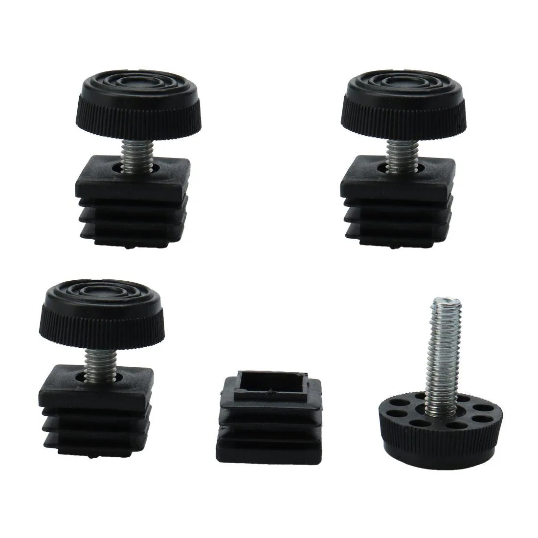 Four sets of 25 mm square tube insert leveling feet with adjustable threaded stems and plastic bases