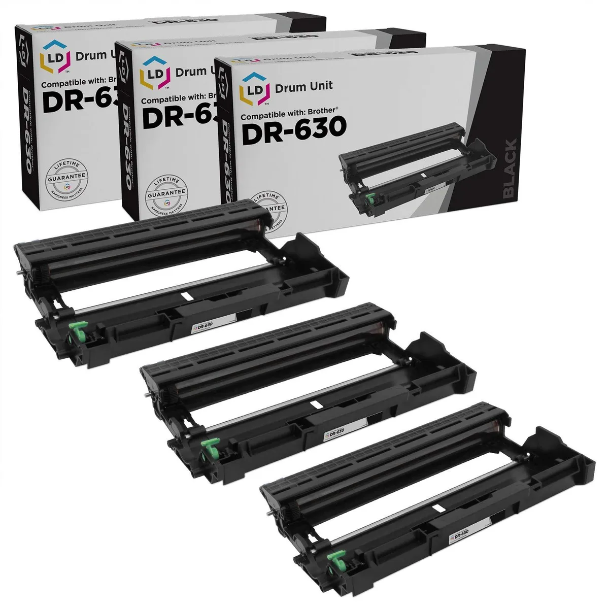 Three black drum unit cartridges in retail packaging