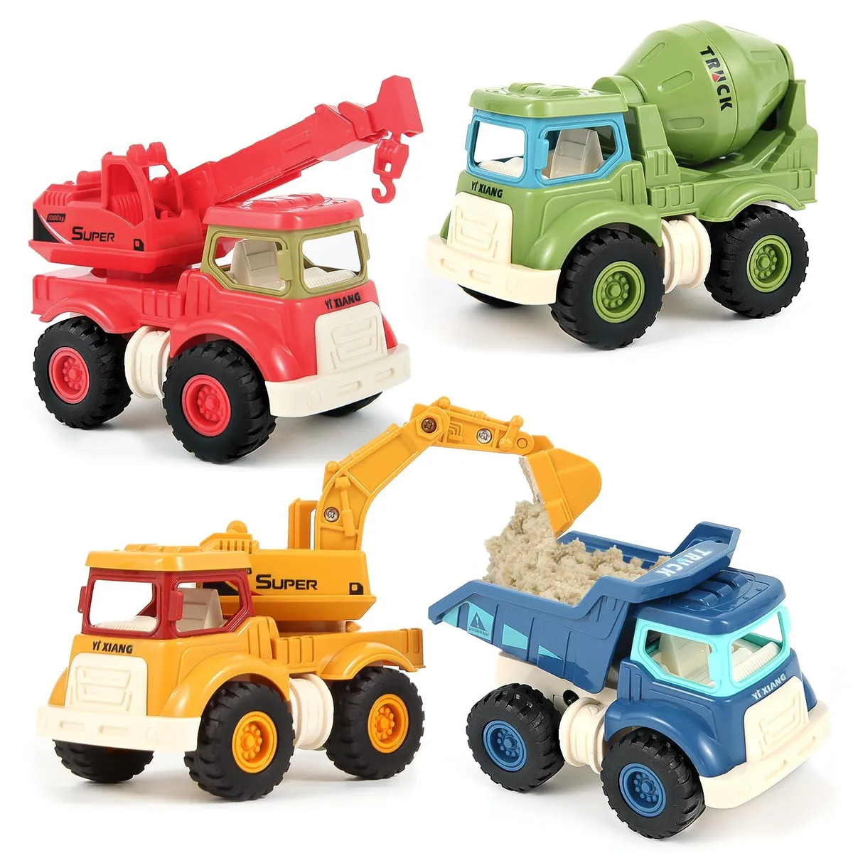Four yellow construction trucks with movable parts and rubber tyres