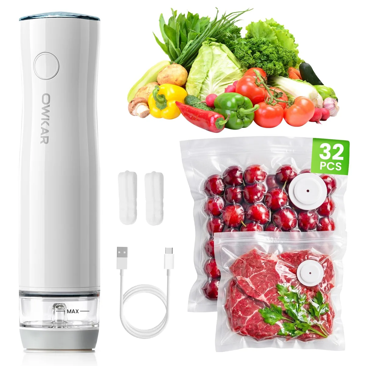  OWKAR Handheld Vacuum Sealer 32 Bags 100KPa — product photo