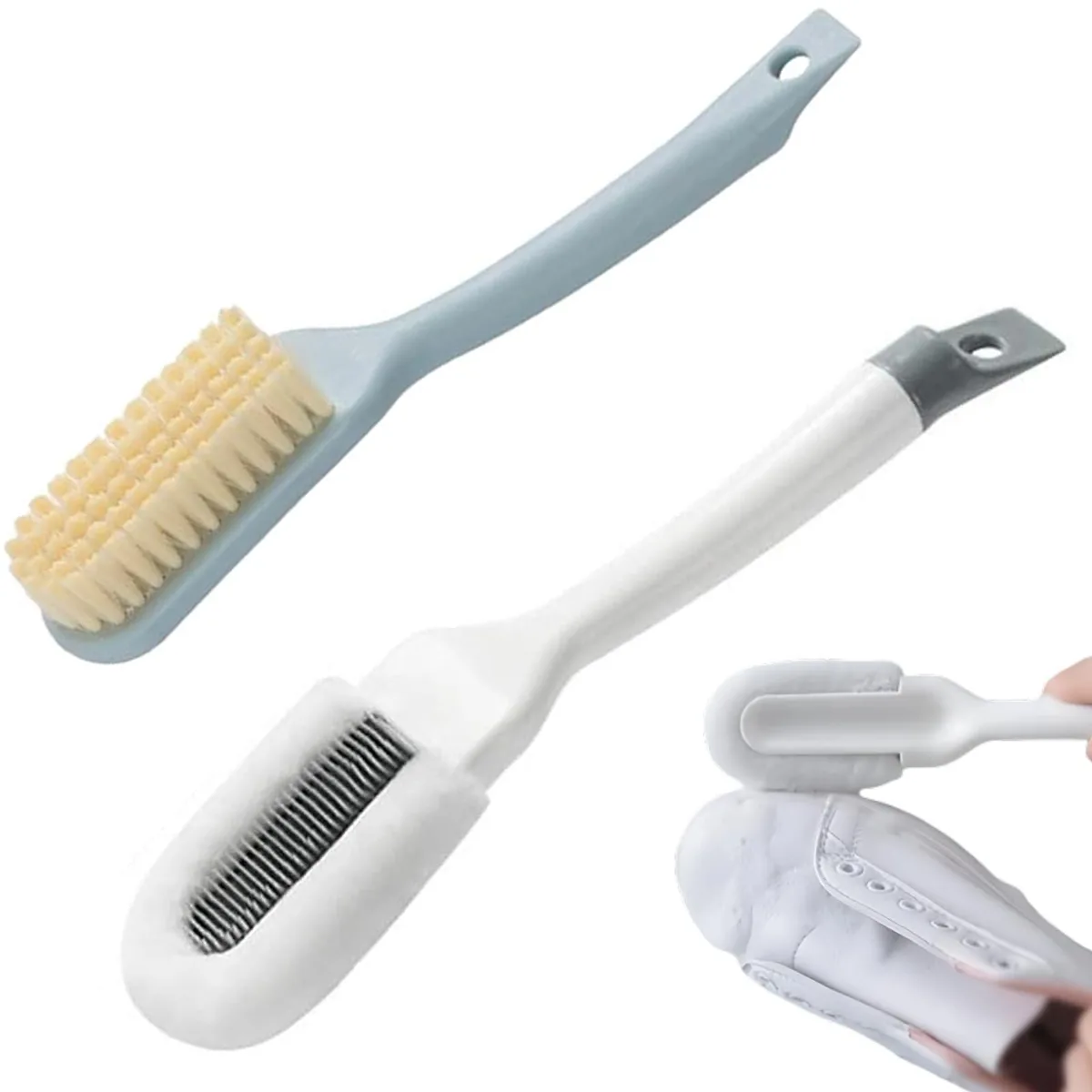 Two shoe brushes, white with mixed bristles and blue with nylon bristles, long handles, hang holes