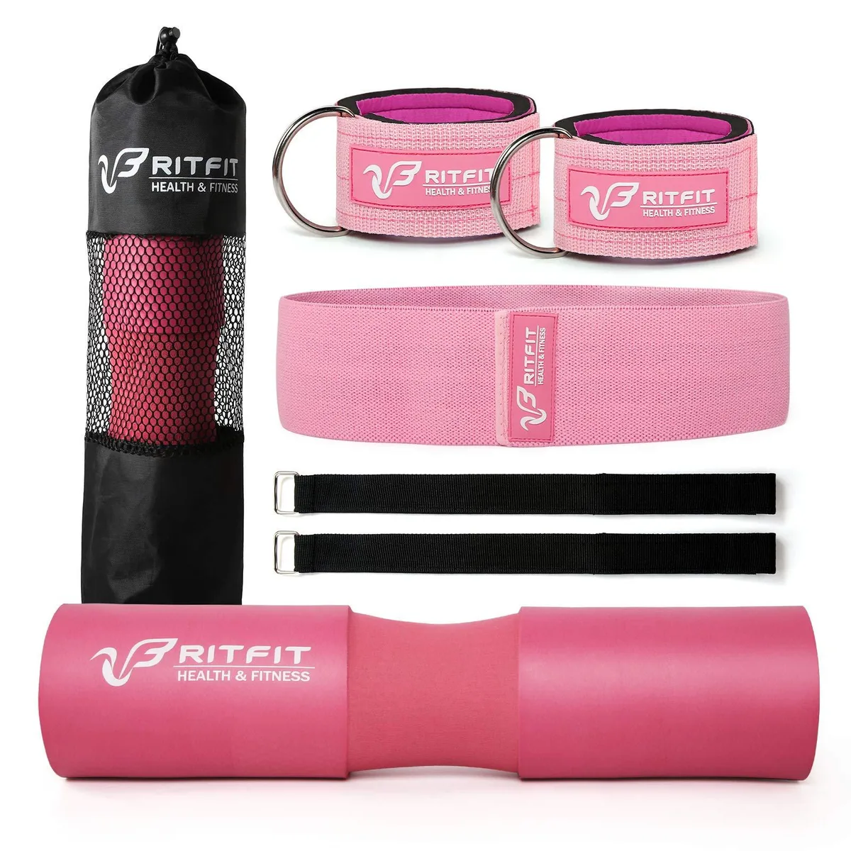 Pink barbell squat pad set with resistance band, ankle straps and carry bag