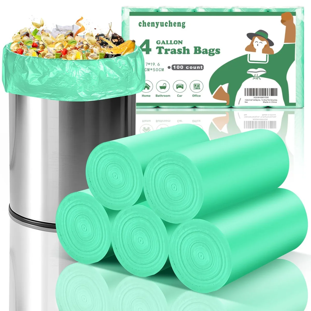 Green biodegradable trash bags, pack of 100, 4 gallon capacity