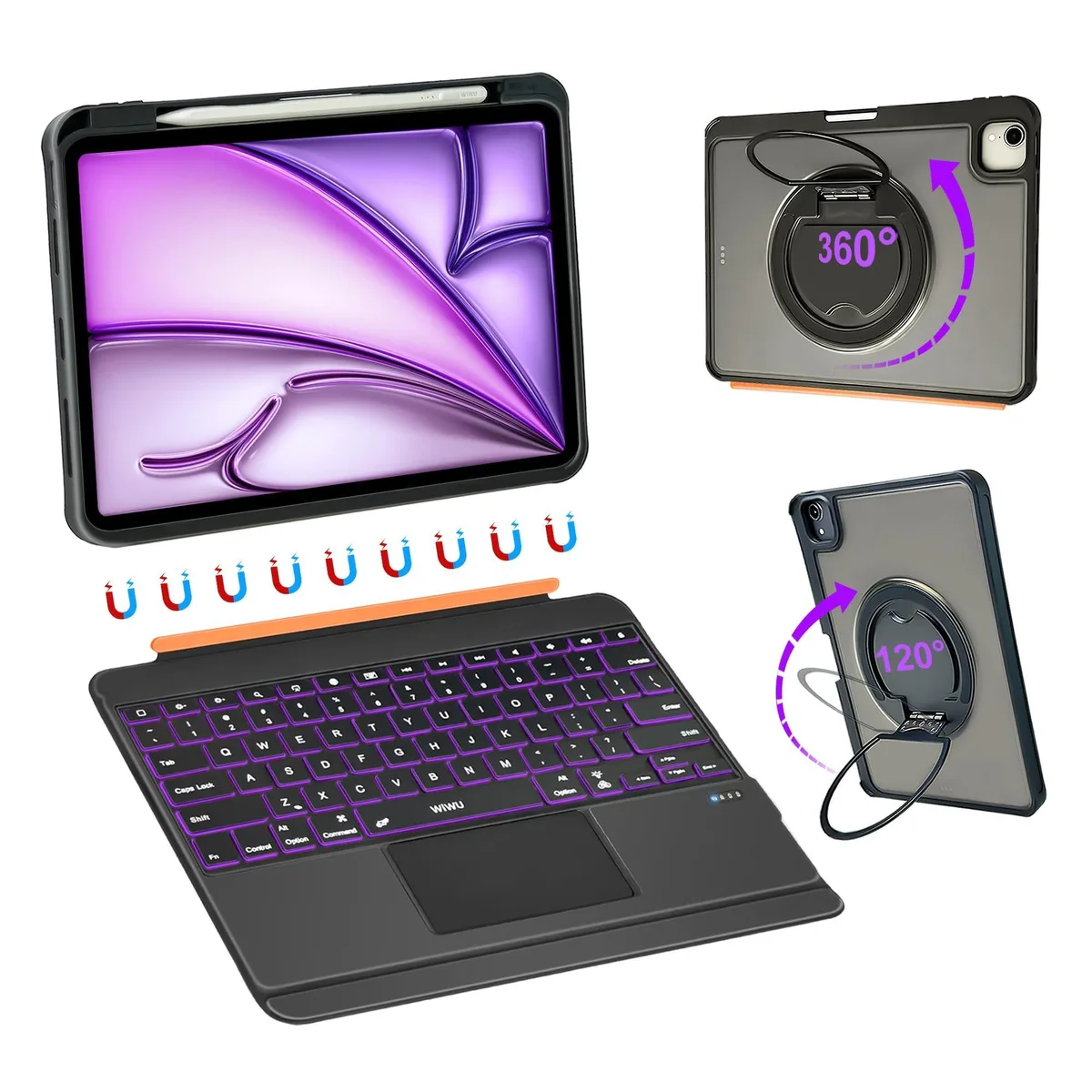 Bipra Bipra 13 inch 2 in 1 accessory 360 stand magnetic detachable 7 color backlit trackpad pencil holder black — product photo