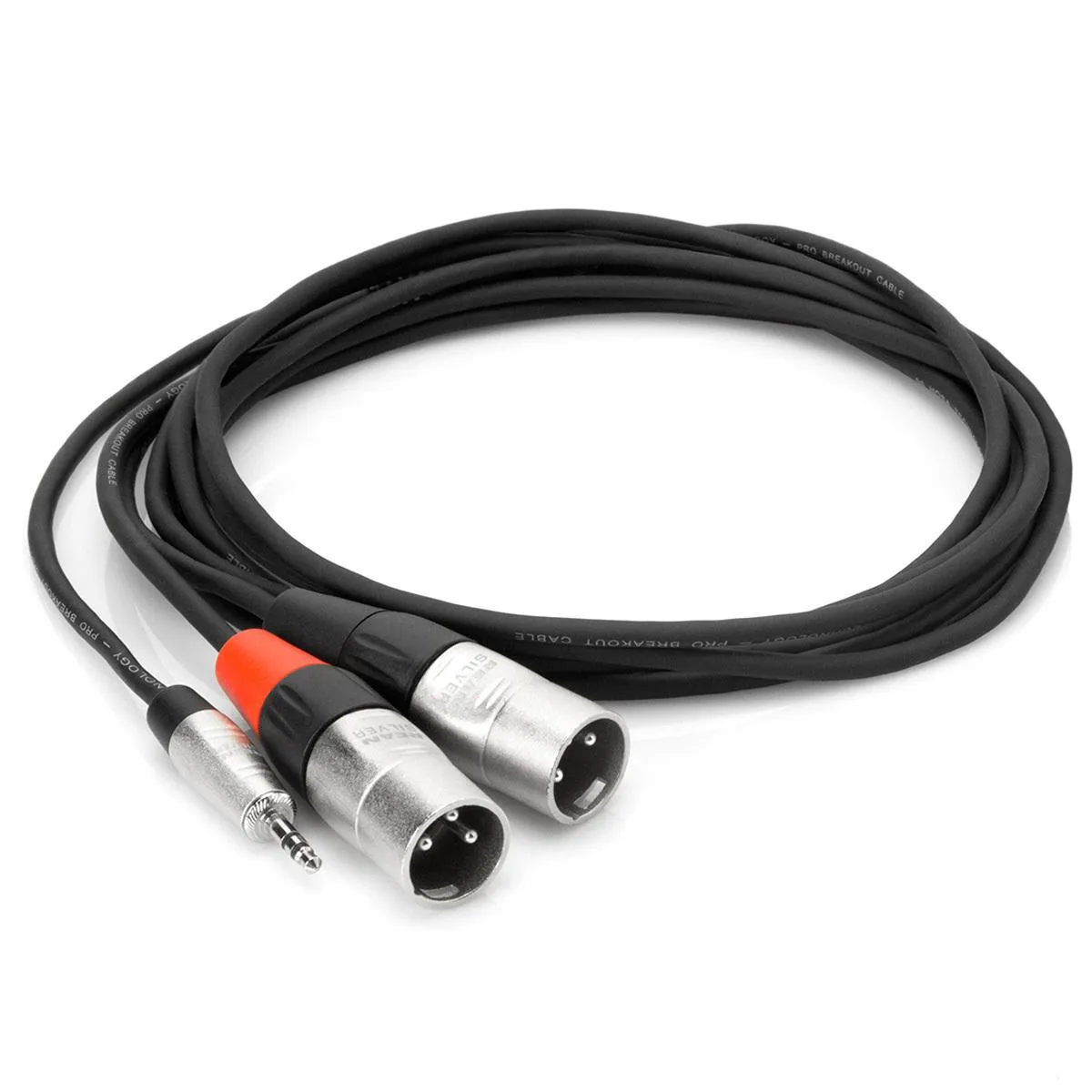 Black 3.5mm TRS plug splitting to two silver XLR connectors on braided cable