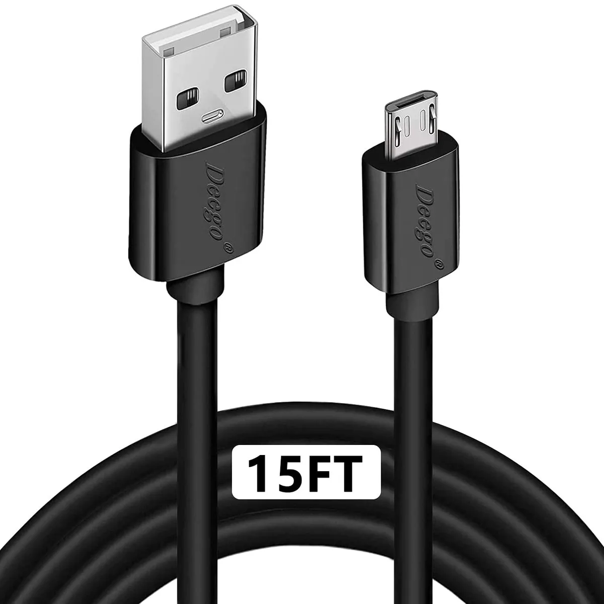 Extra-long black micro USB cable with USB-A and micro-B connectors, 15 ft length