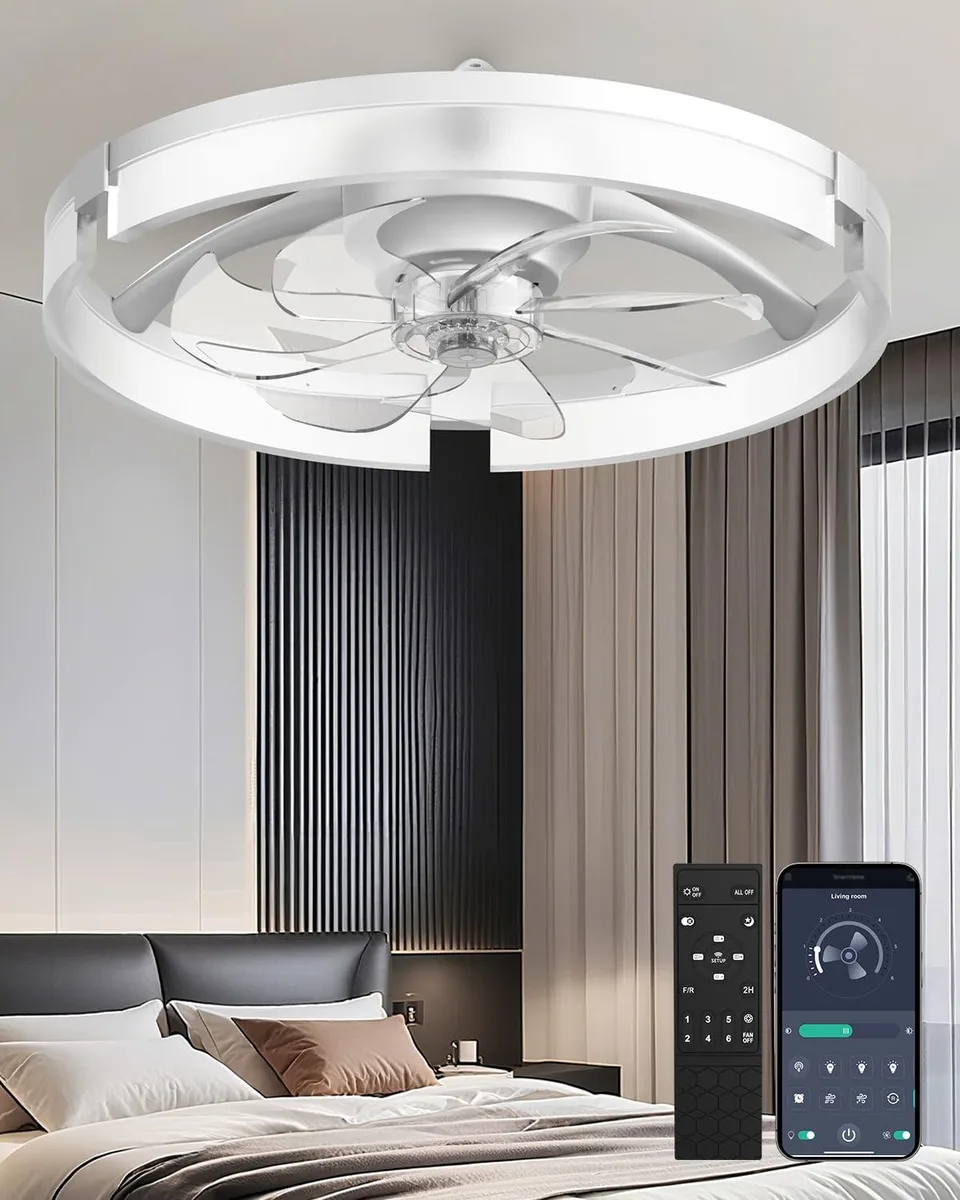 Low-profile 20-inch ceiling fan in black finish with integrated LED light ring, flush-mount design