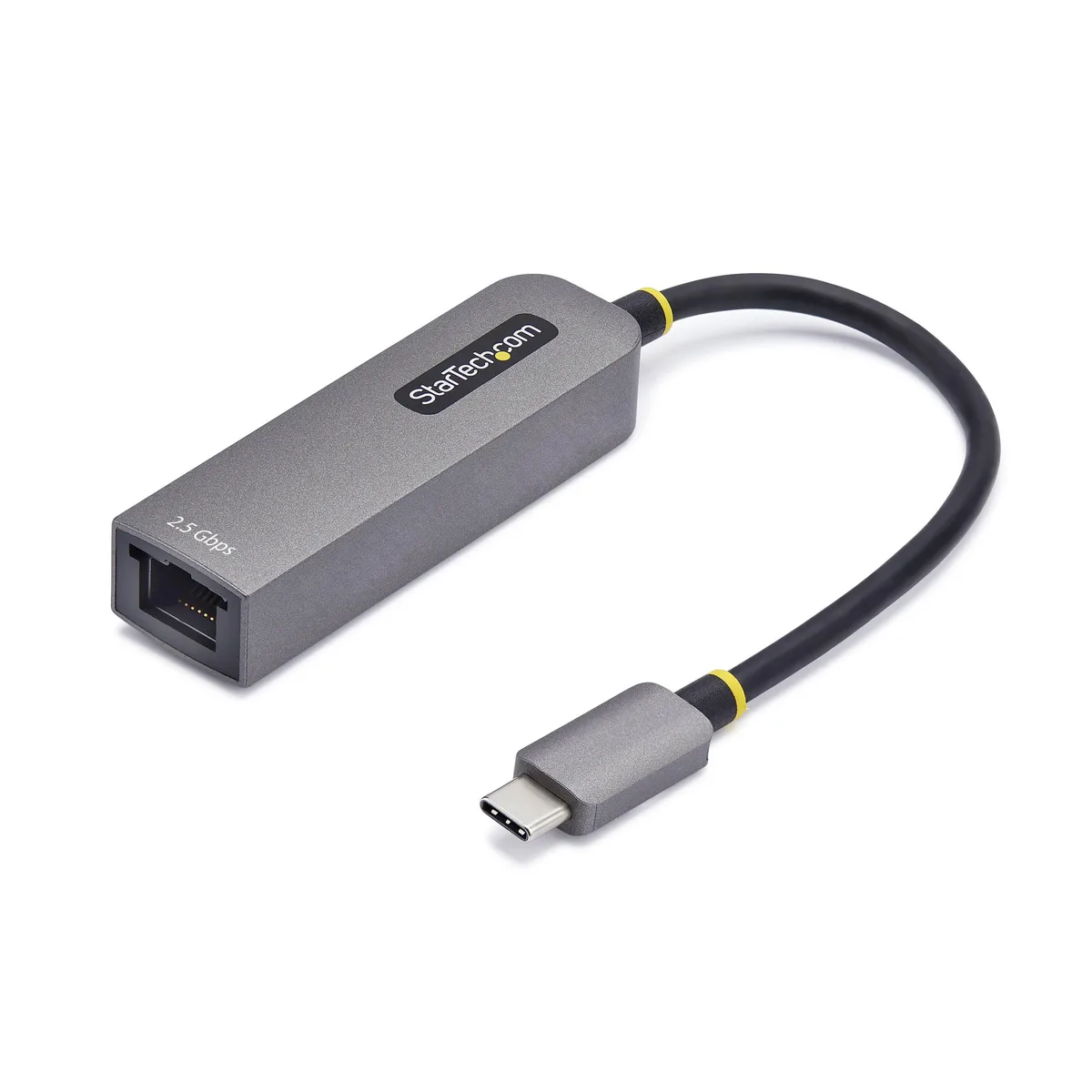 Compact space-gray USB-C network adapter with short attached cable and RJ45 port
