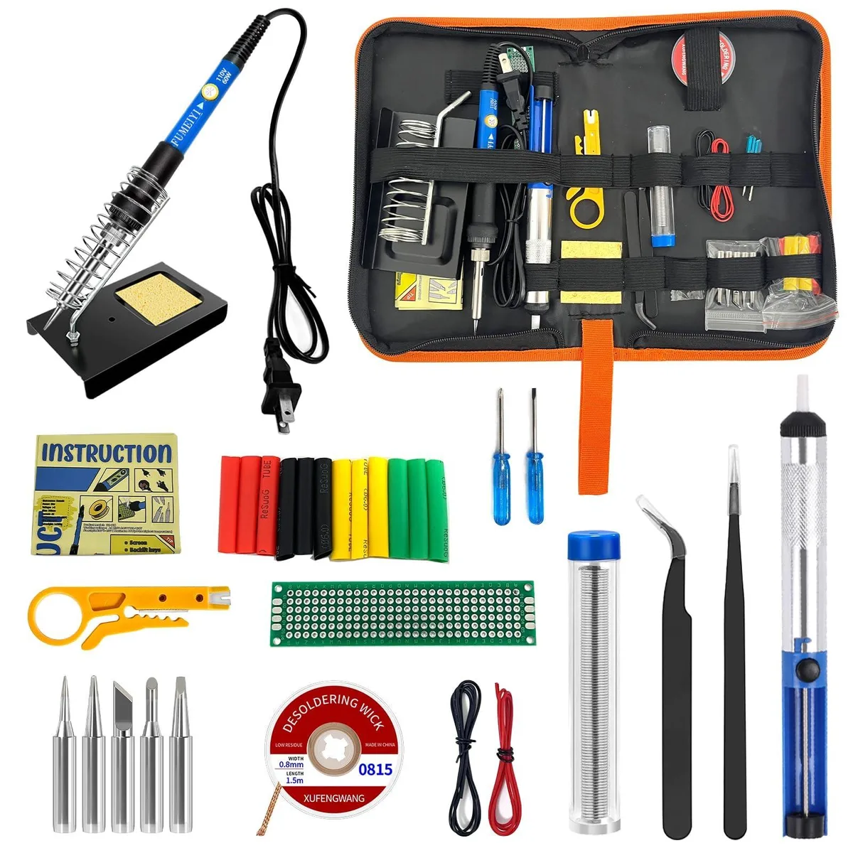 Open case showing soldering iron, tips, wire, pump, stand, multimeter, US plug