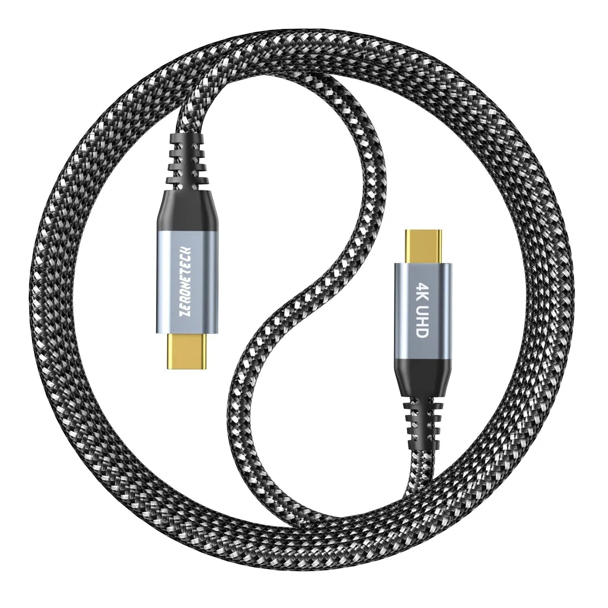 Black nylon-braided USB-C to USB-C cable, male-to-male, 3ft long, gold-plated connectors