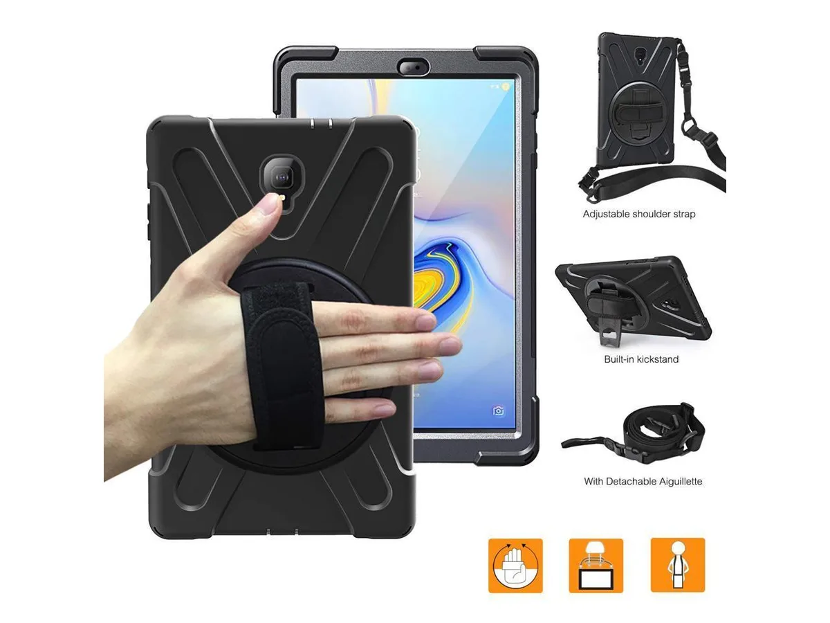 Black shockproof case for 10.5 inch tablet with kickstand and shoulder strap