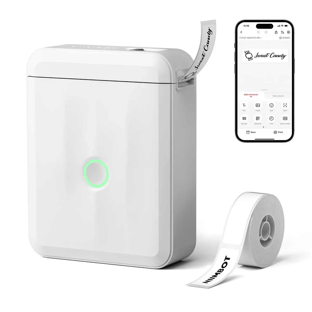 Small white rectangular label printer with rounded edges and Bluetooth label on side