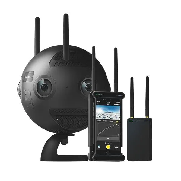 Black spherical action camera body with multiple lenses and Farsight monitoring module