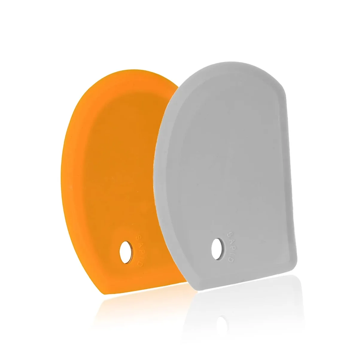 Rectangular silicone dough scraper with stainless steel core, curved and straight edges, 5.98 by 4.3 inches