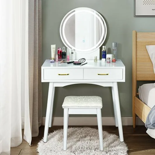 White vanity table with round mirror, LED lights, two drawers, matching stool