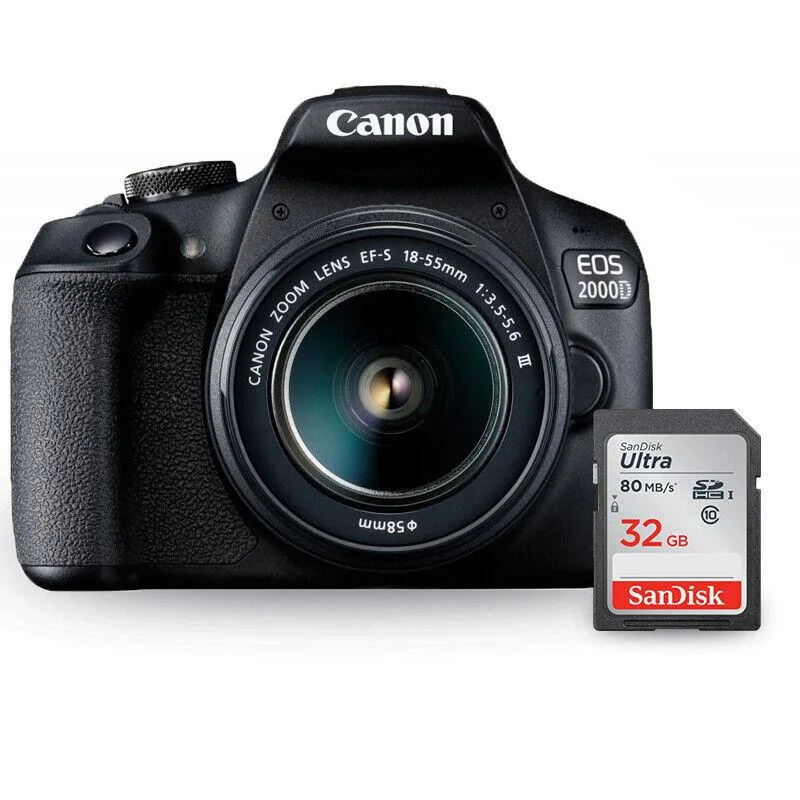 Canon International Canon EOS 2000D / Rebel T7 18-55mm III Lens + 32GB SD dslr camera — product photo
