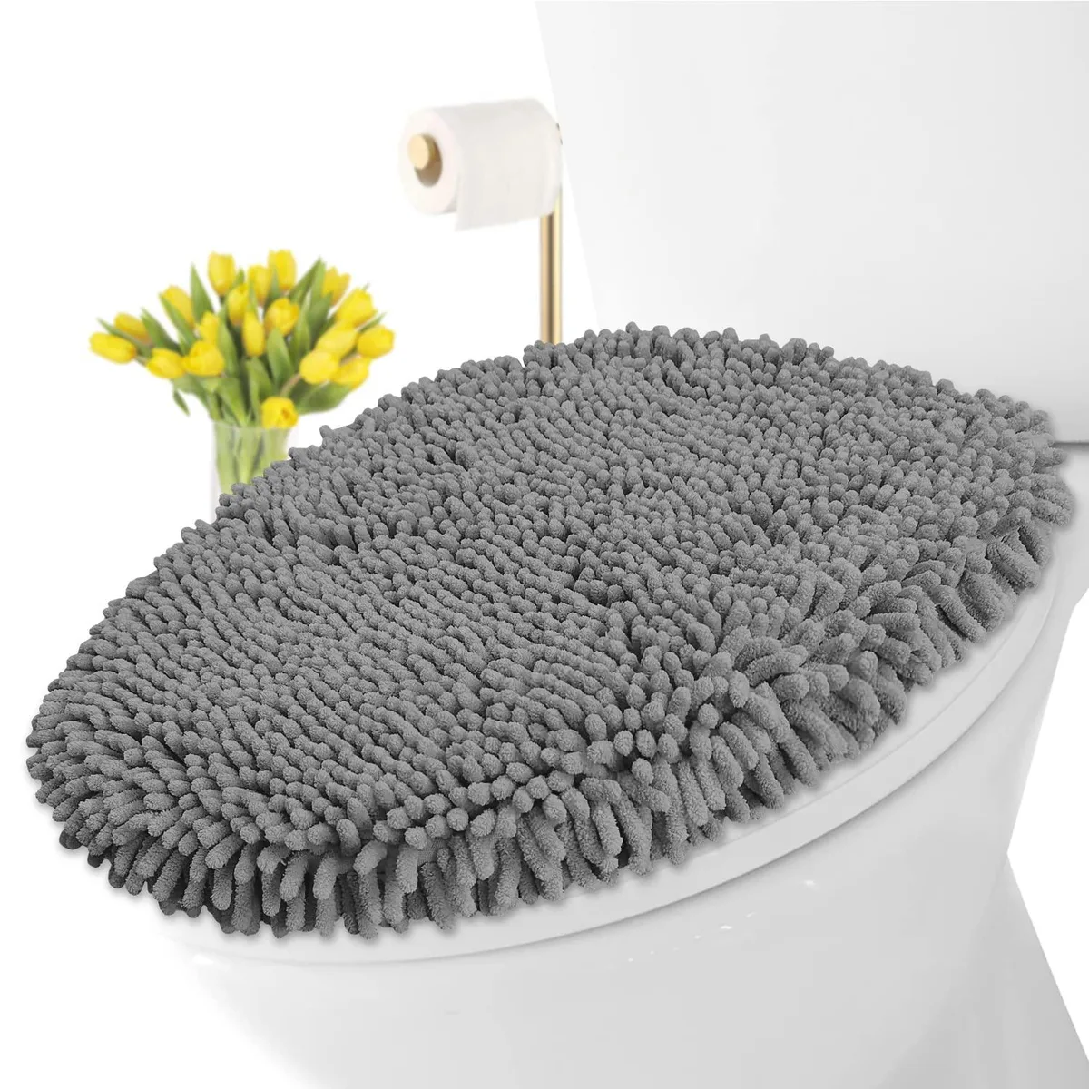 Light gray plush chenille microfiber toilet lid cover with elastic band