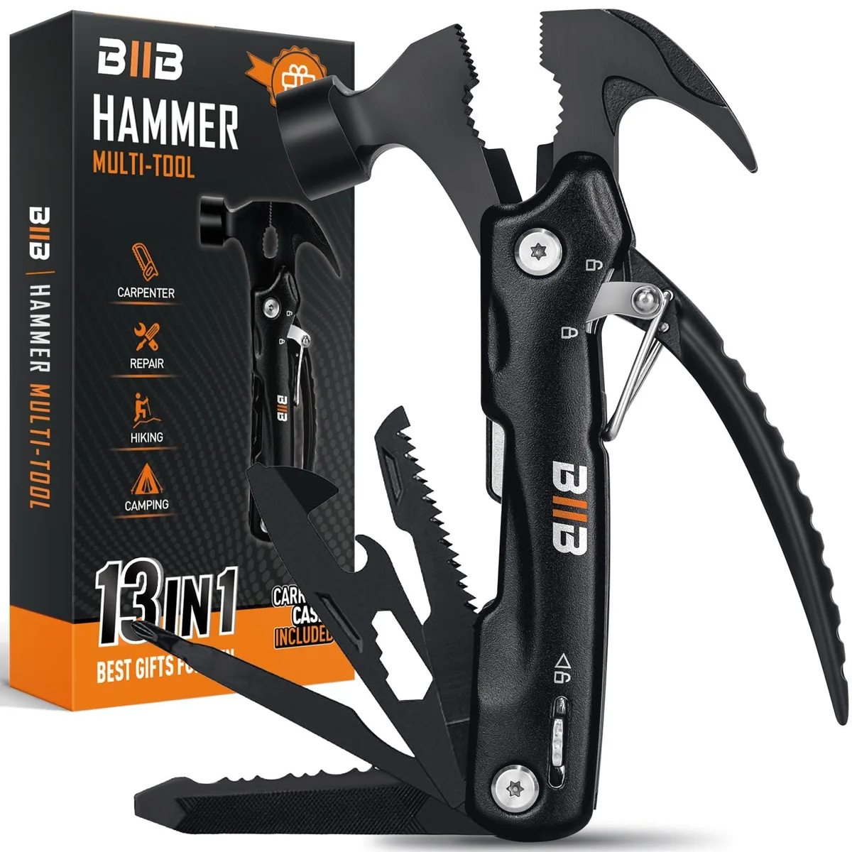 Compact 13-in-1 stainless steel multitool hammer with sandblasted finish and nylon pouch