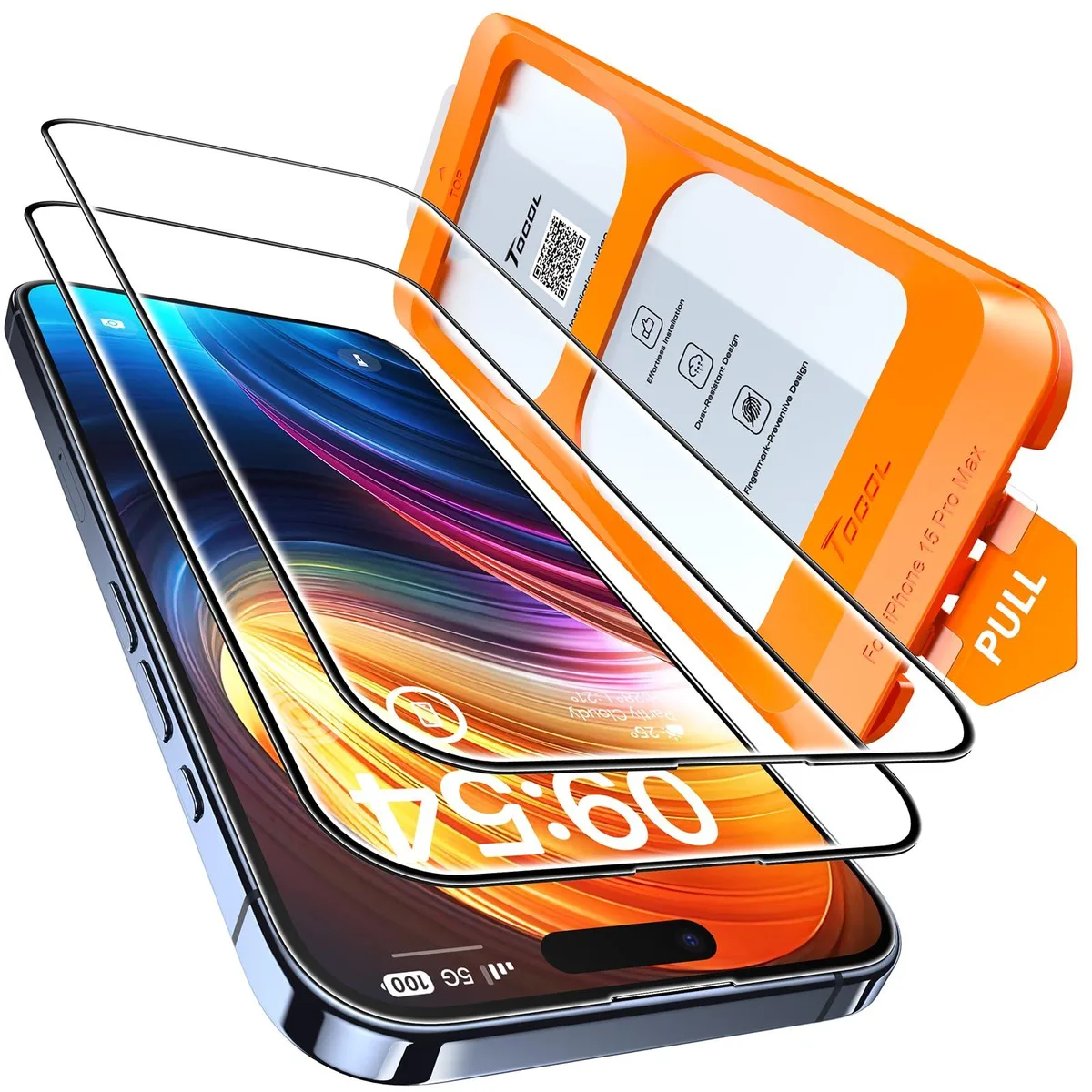 Two clear tempered glass screen protectors with black curved edges and alignment frame for iPhone 15 Pro Max 6.7 inch display
