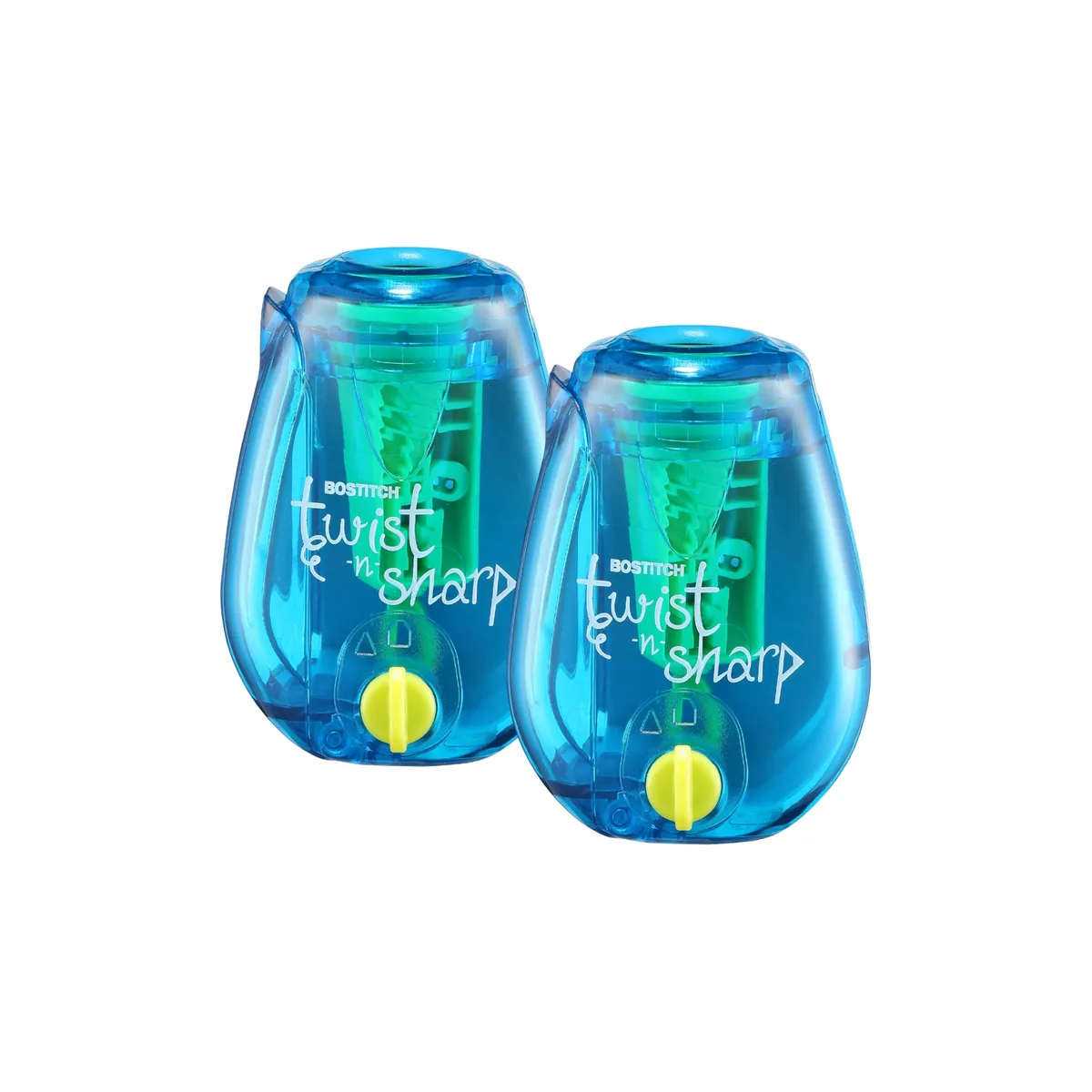 Two blue manual pencil sharpeners with attached shavings drawers and center dials