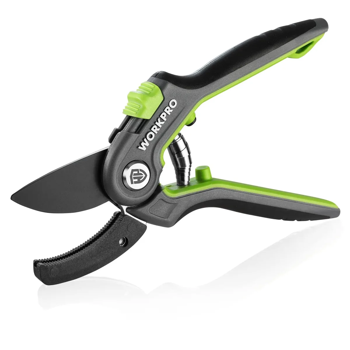 Green 8-inch anvil pruning shears with black-coated SK5 steel blades and rubber handles