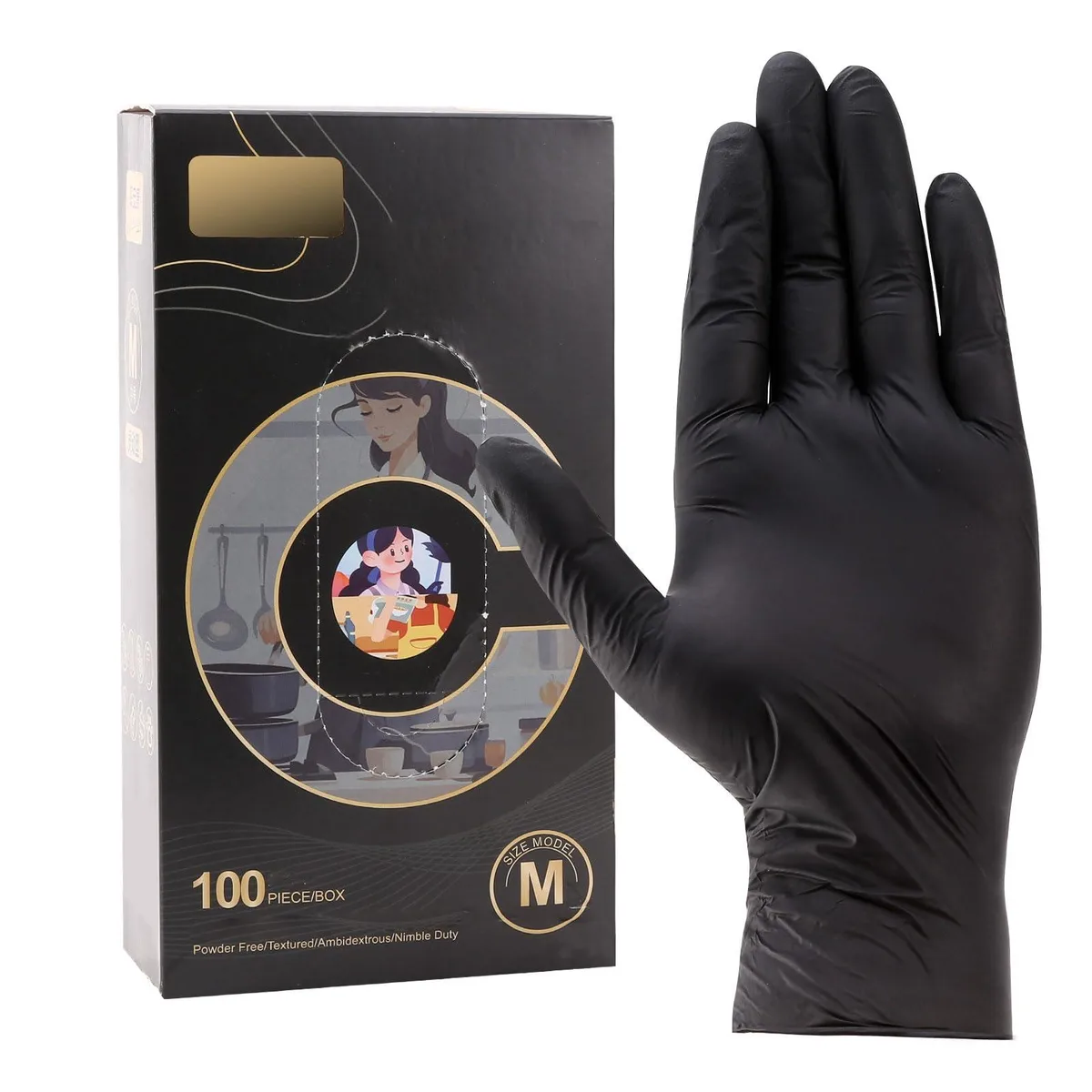 Box of 100 black disposable nitrile gloves 4.5 mil thick