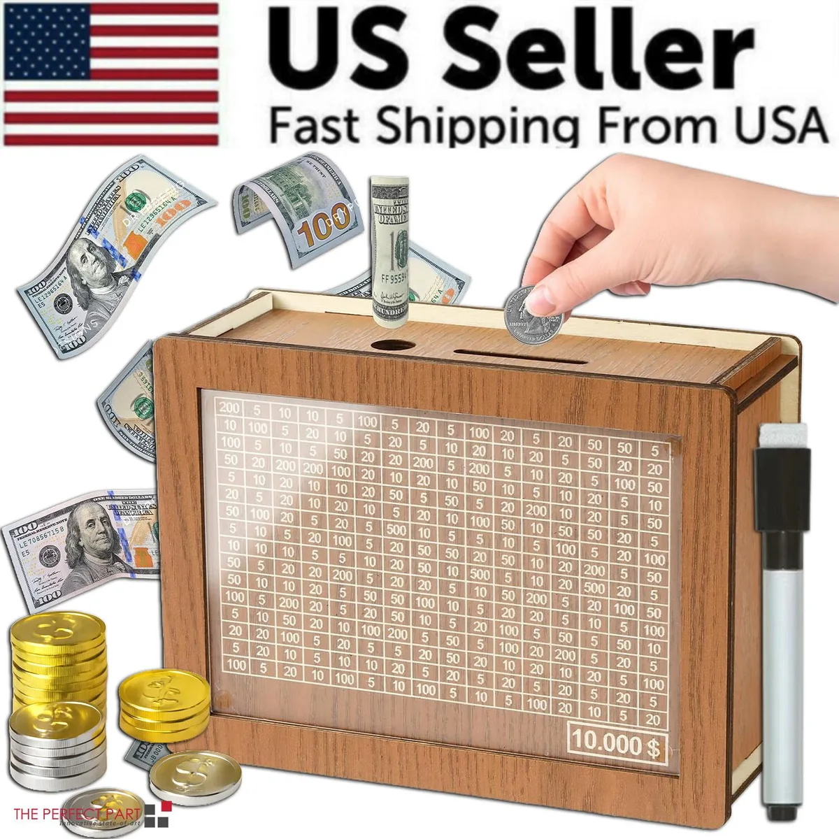 The Perfect Part The Perfect Part Wooden Savings Challenge Box Ten Thousand Dollars Ash 7.87 x 2.83 x 5.71 inches — product photo