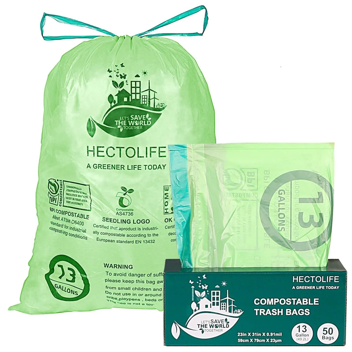 Green compostable trash bag roll with drawstring closure, 13 gallon capacity, 50 count pack
