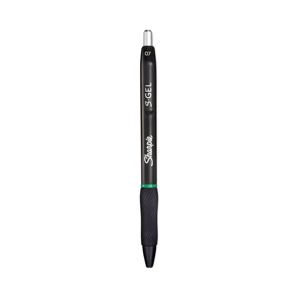 A rectangular box holding twelve green gel pens with rubber grips