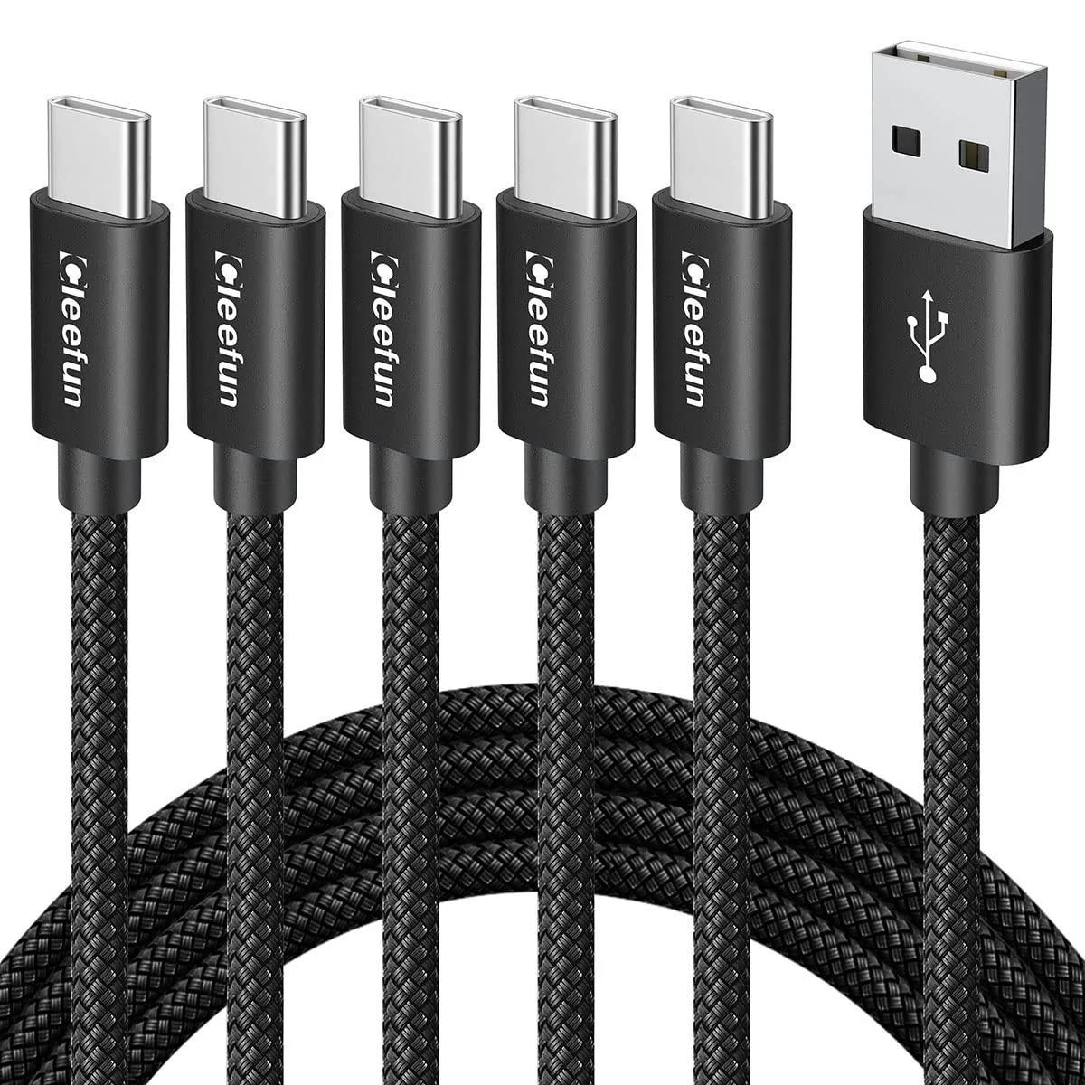  CLEEFUN USB-A to USB-C Cable 3ft 5-Pack Black Braided 15W 480Mbps — product photo
