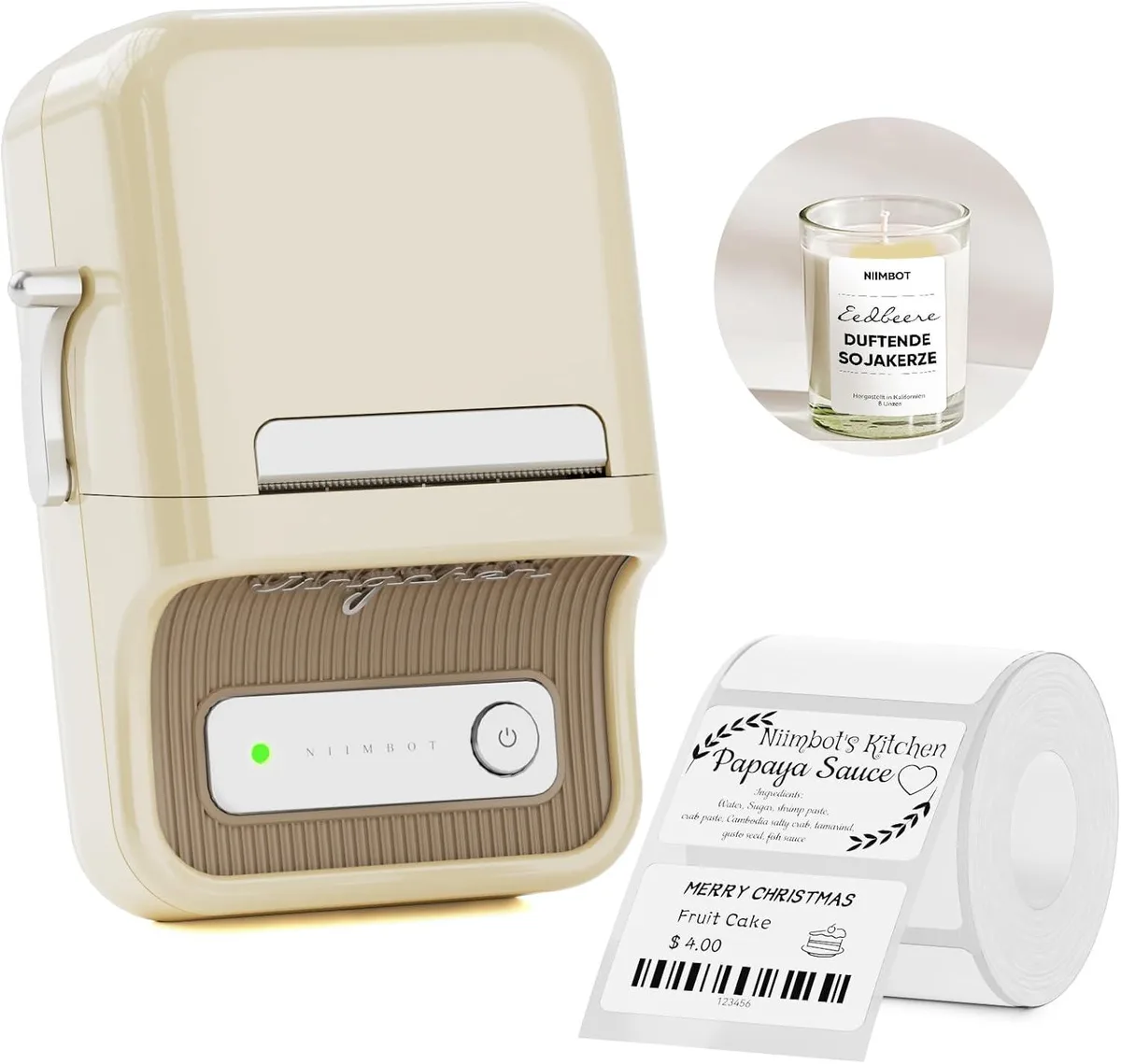 White compact handheld label printer with roll inserted