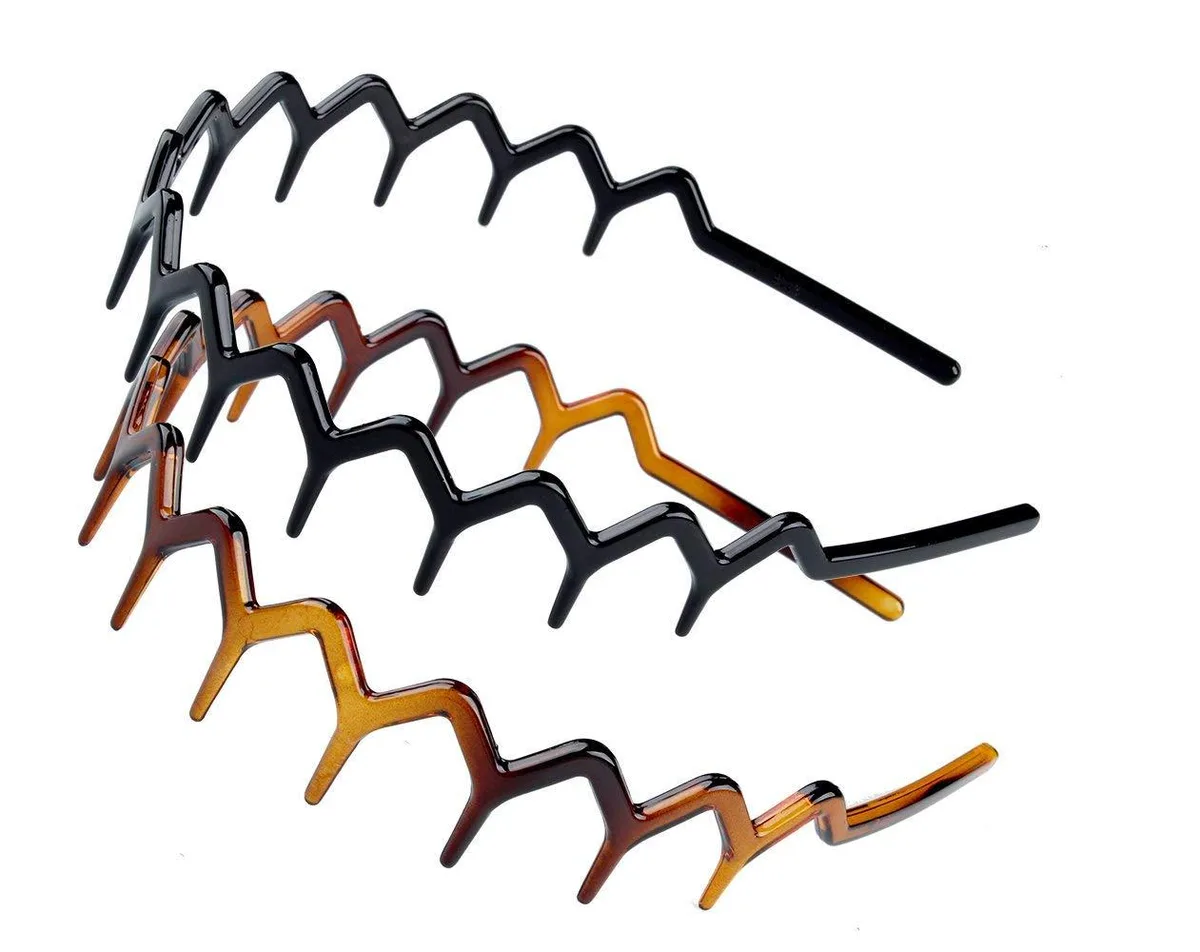 Two curved plastic headbands, one black and one brown, each with wavy zig zag teeth along the inner edge